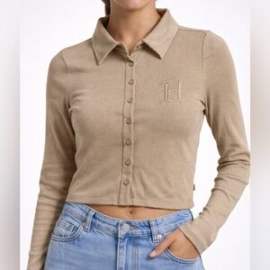 Honor The Gift Ribbed tan‎ sand Button Down Top Women’s Large Embroidered Logo